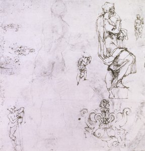 Sketches of male nudes, a madonna and child and a decorative emblem